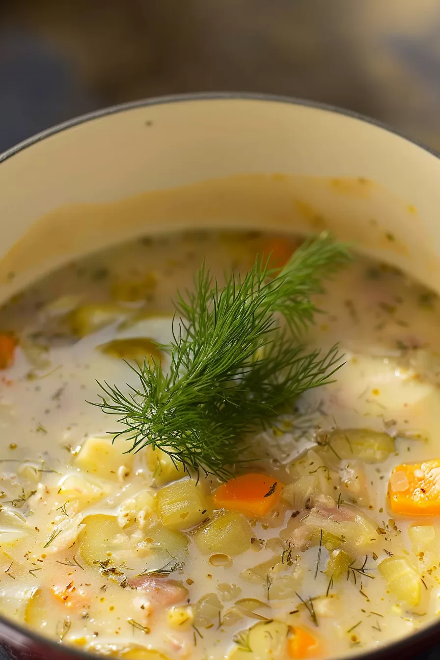 A pot of dill pickle soup garnished with a sprig of fresh dill, showcasing a rustic, homemade feel.