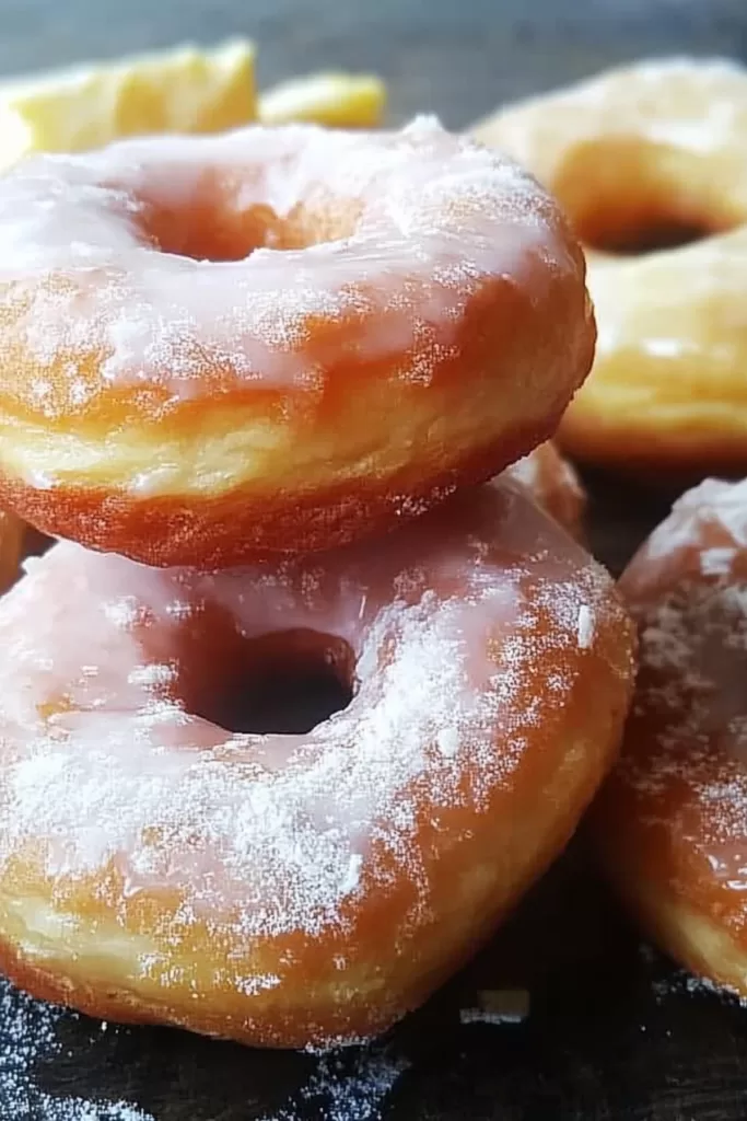 A close-up of homemade donuts, their shiny glaze catching the light.