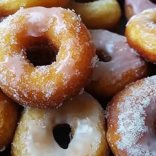 Golden, glazed donuts stacked perfectly with a light dusting of powdered sugar.