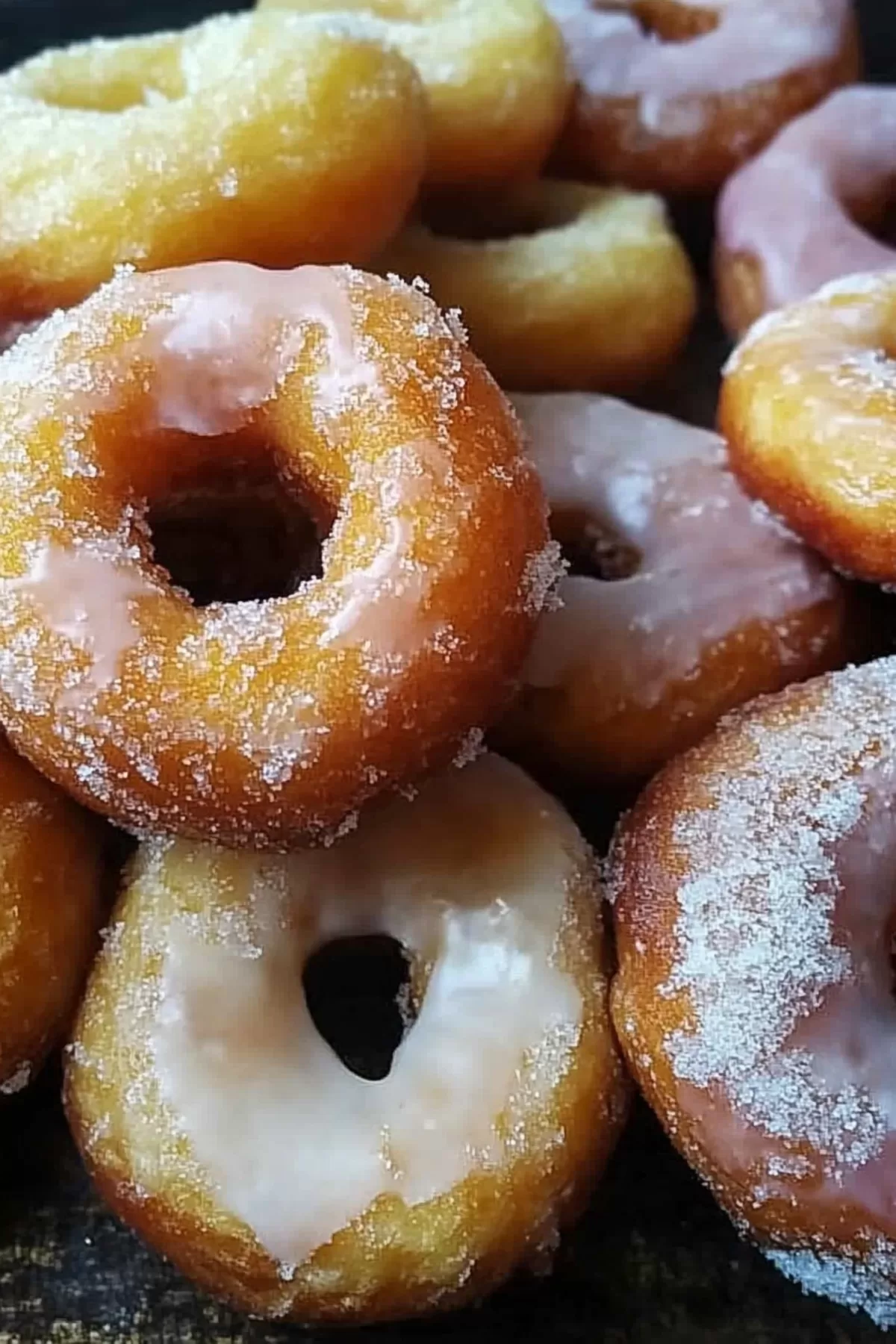 Golden, glazed donuts stacked perfectly with a light dusting of powdered sugar.