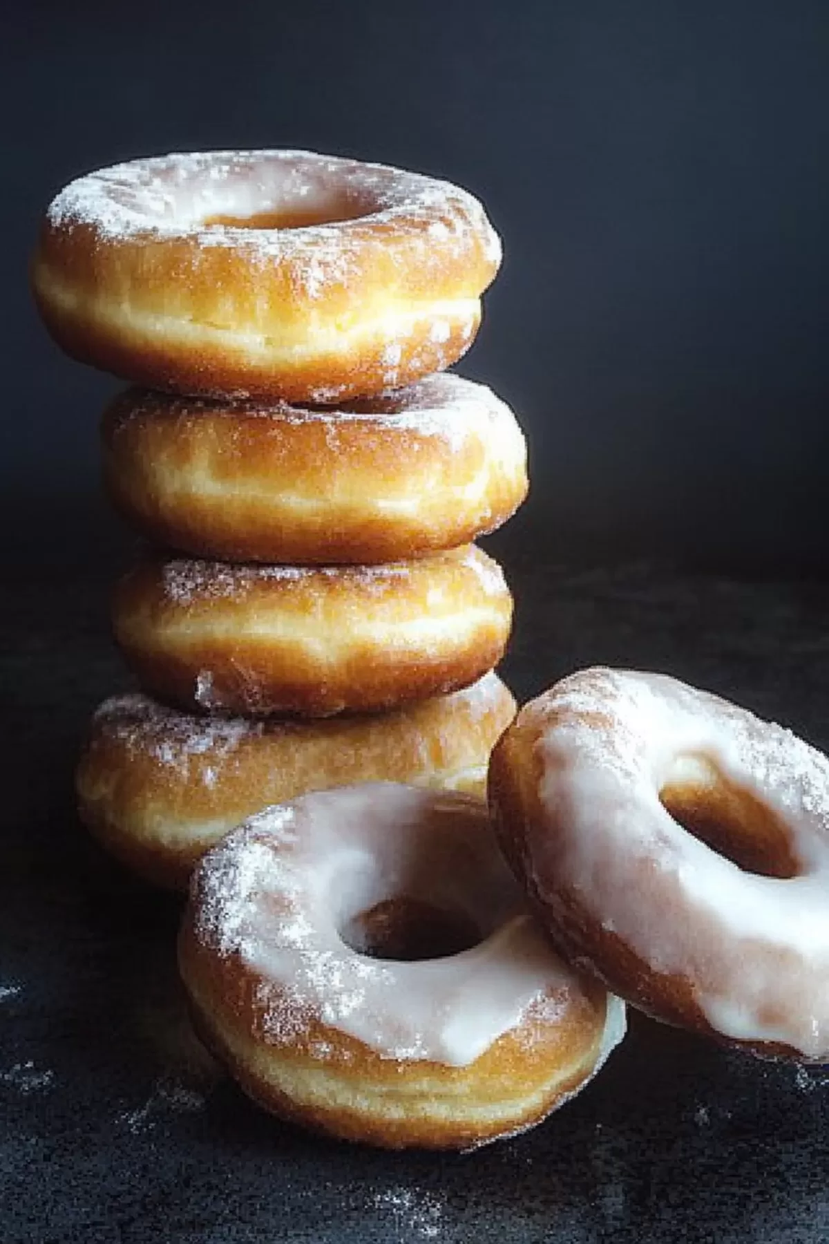 Stacked fluffy donuts, each coated with a glistening sugar glaze.