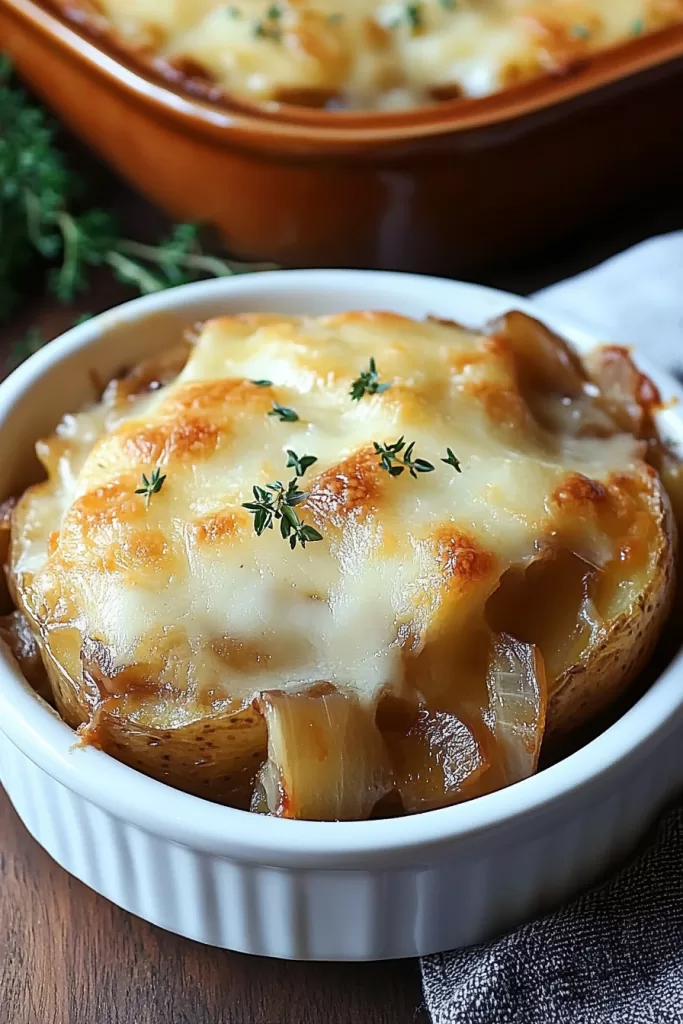 A close-up of golden French onion potato bake topped with melted cheese and fresh thyme in a white ramekin.