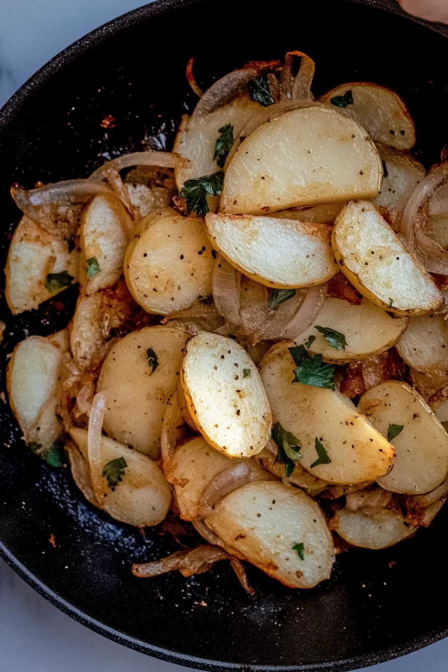 Crispy golden potato slices tossed with caramelized onions and fresh parsley in a cast iron skillet.