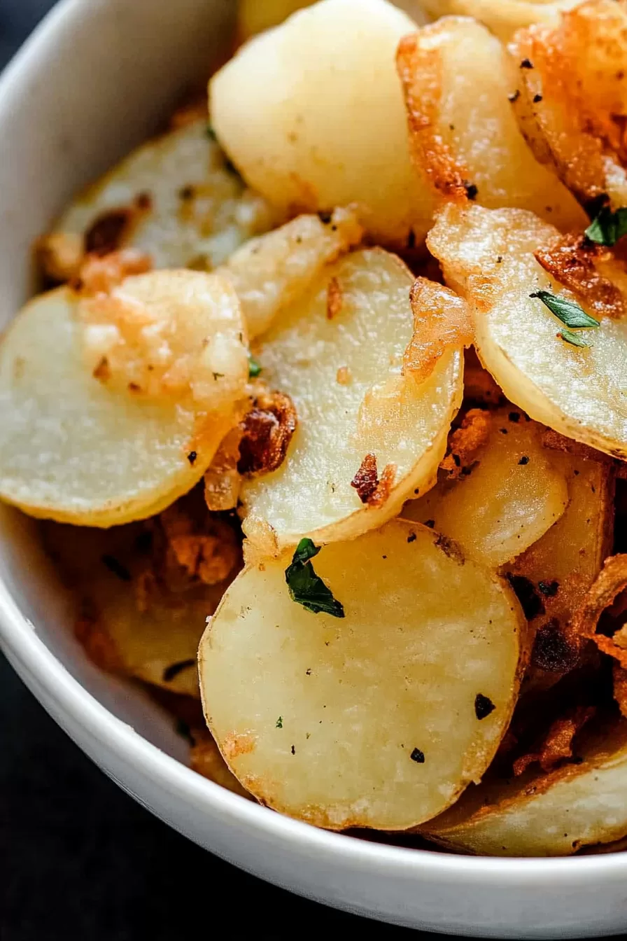 Rustic-style fried potatoes and onions served in a speckled ceramic dish, sprinkled with fresh parsley.