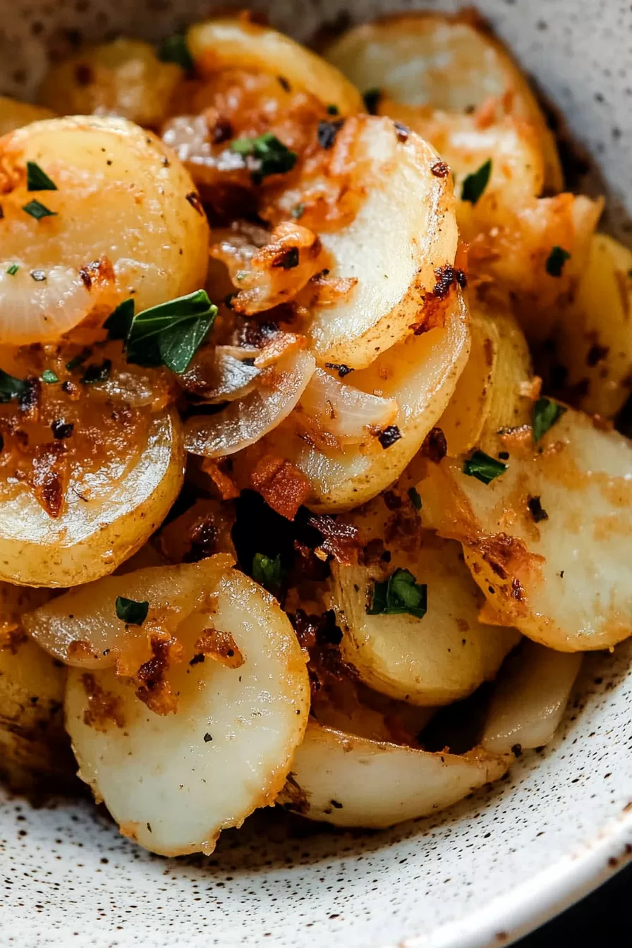 Close-up of fried potatoes with a light golden crust and tender onions, garnished with herbs.