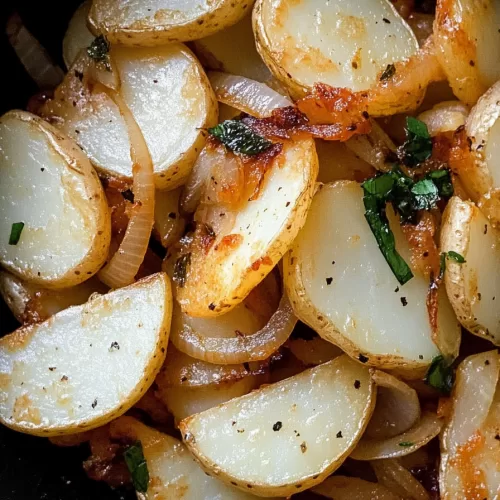 A comforting bowl of sautéed potatoes and onions with perfectly crisp edges.