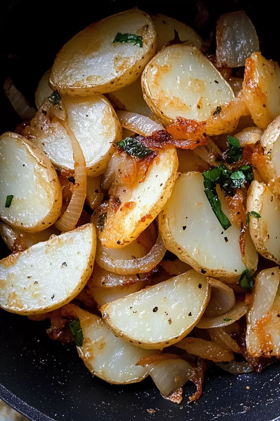 A comforting bowl of sautéed potatoes and onions with perfectly crisp edges.