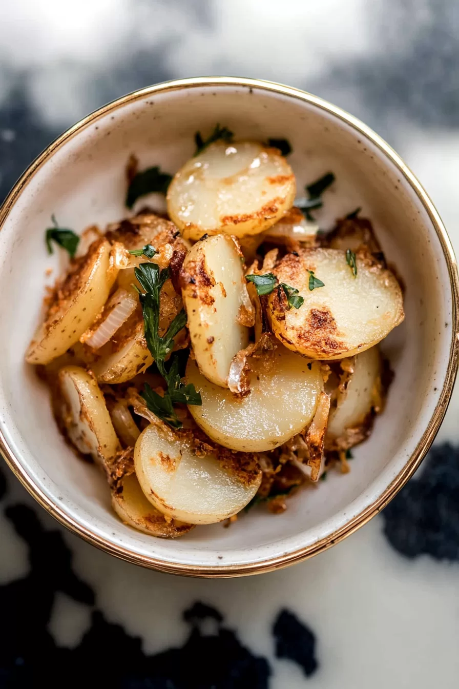 Pan-fried potatoes and onions seasoned with black pepper and garnished with fresh herbs.