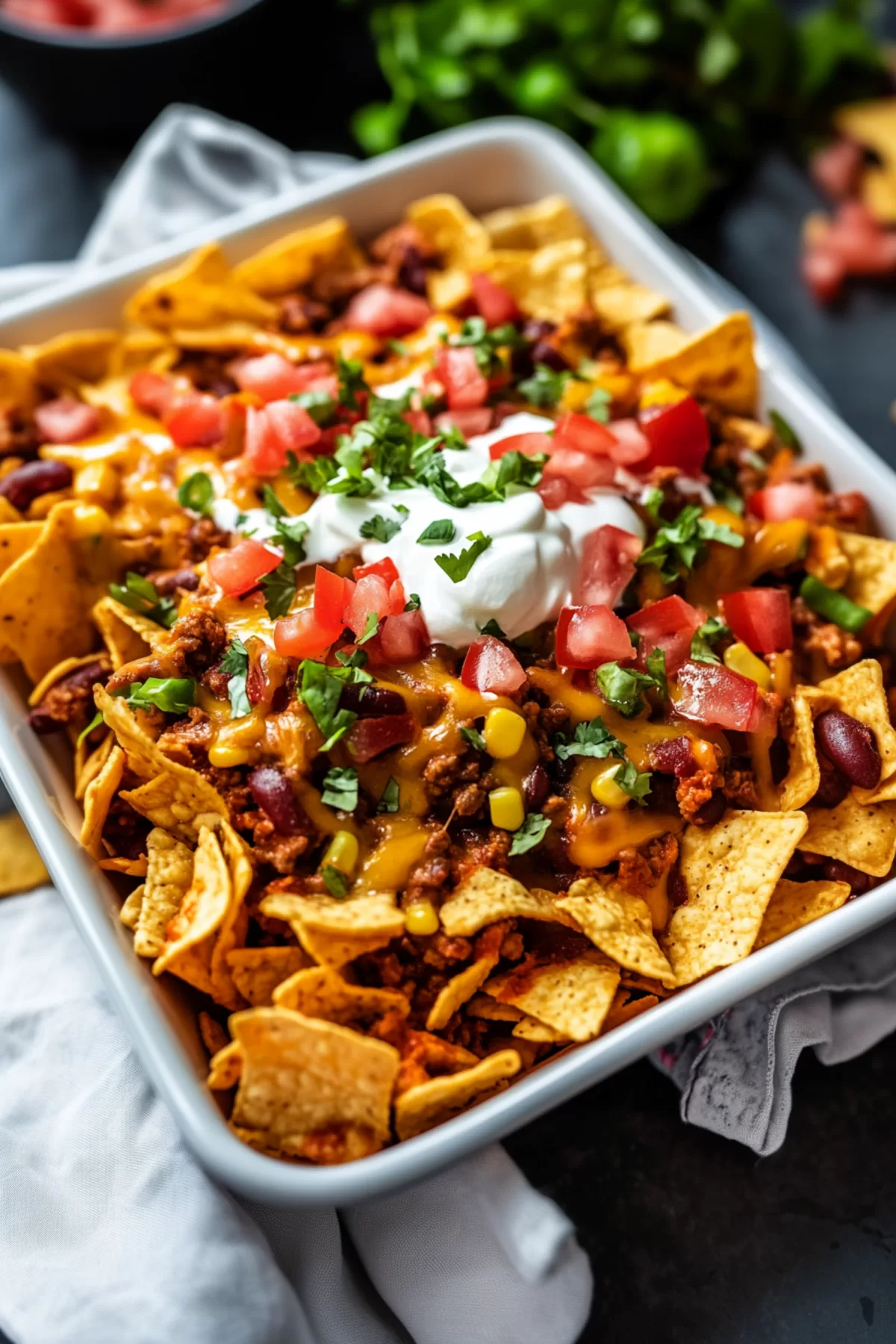 A tray of baked Frito pie loaded with ground meat, cheddar cheese, and fresh herbs.