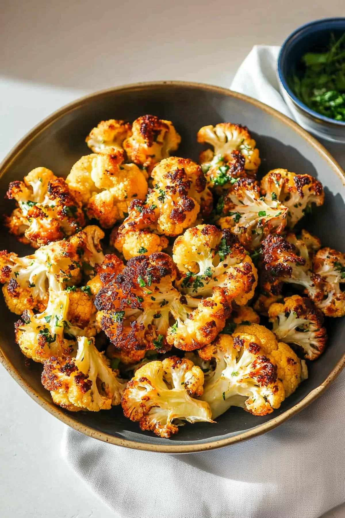 Golden-brown roasted cauliflower florets, garnished with fresh parsley, in a rustic serving bowl.