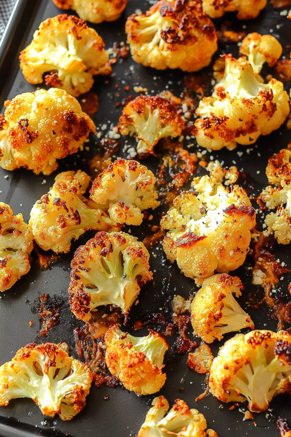 Close-up of caramelized cauliflower on a baking sheet with hints of garlic and Parmesan.