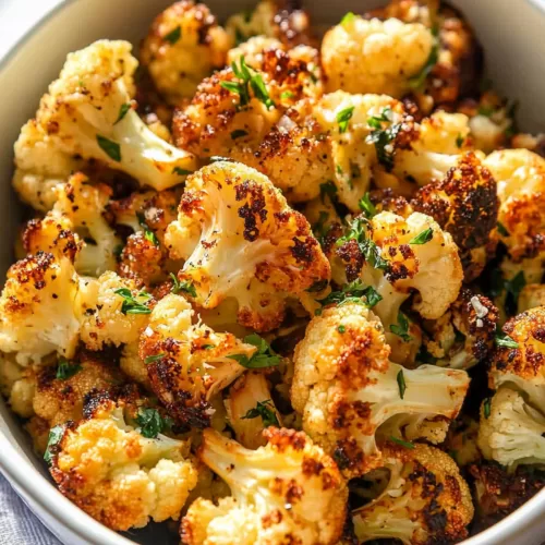 A vibrant dish of garlic and Parmesan roasted cauliflower, ready to serve with a wedge of lemon on the side.