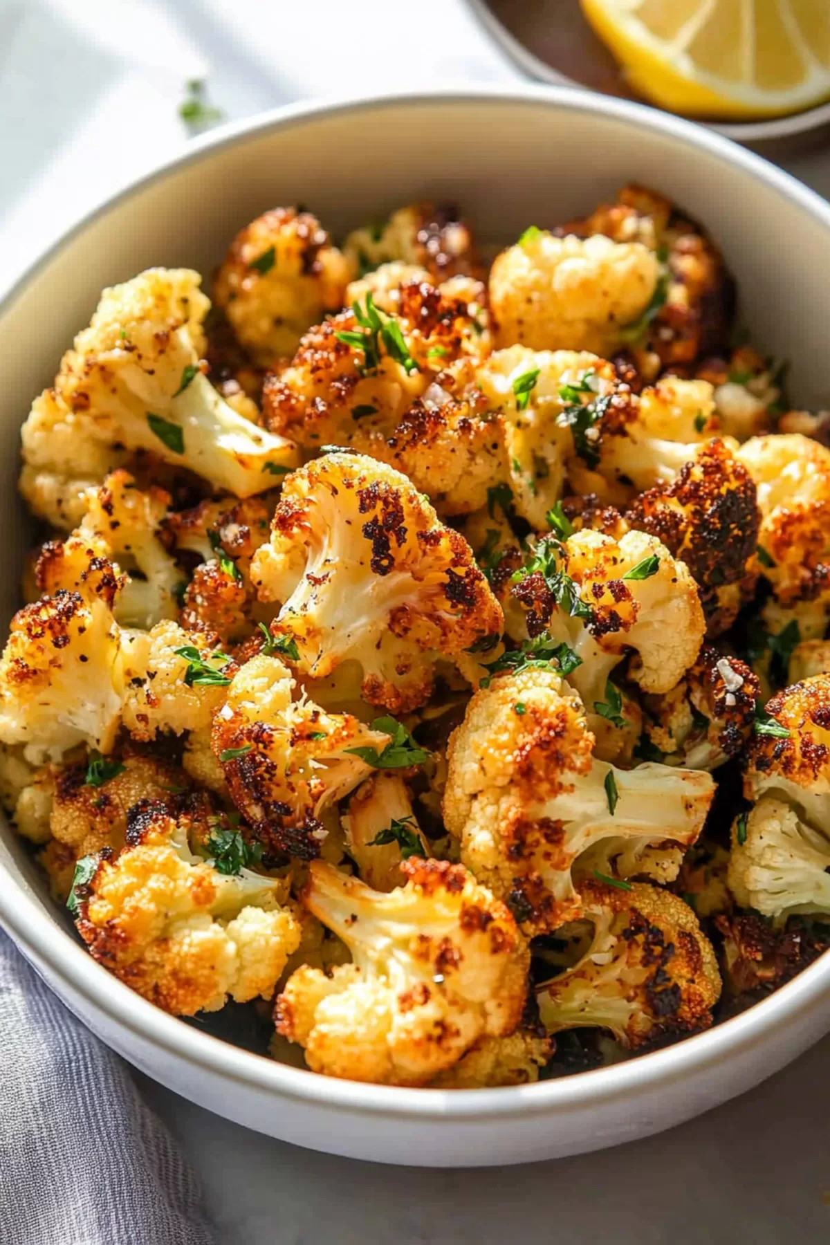 A vibrant dish of garlic and Parmesan roasted cauliflower, ready to serve with a wedge of lemon on the side.