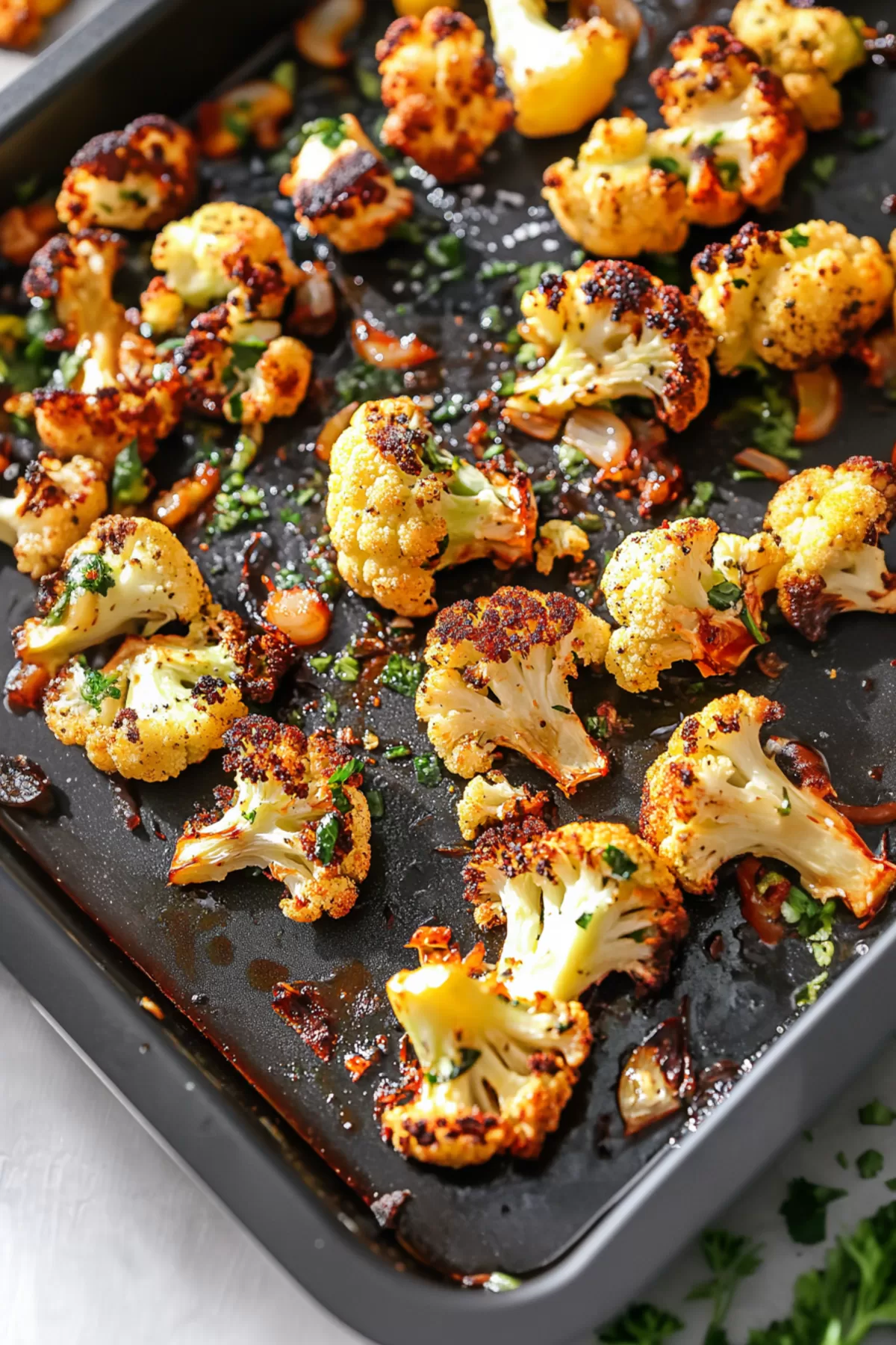 Perfectly charred roasted cauliflower florets, fresh out of the oven, on a dark baking tray.