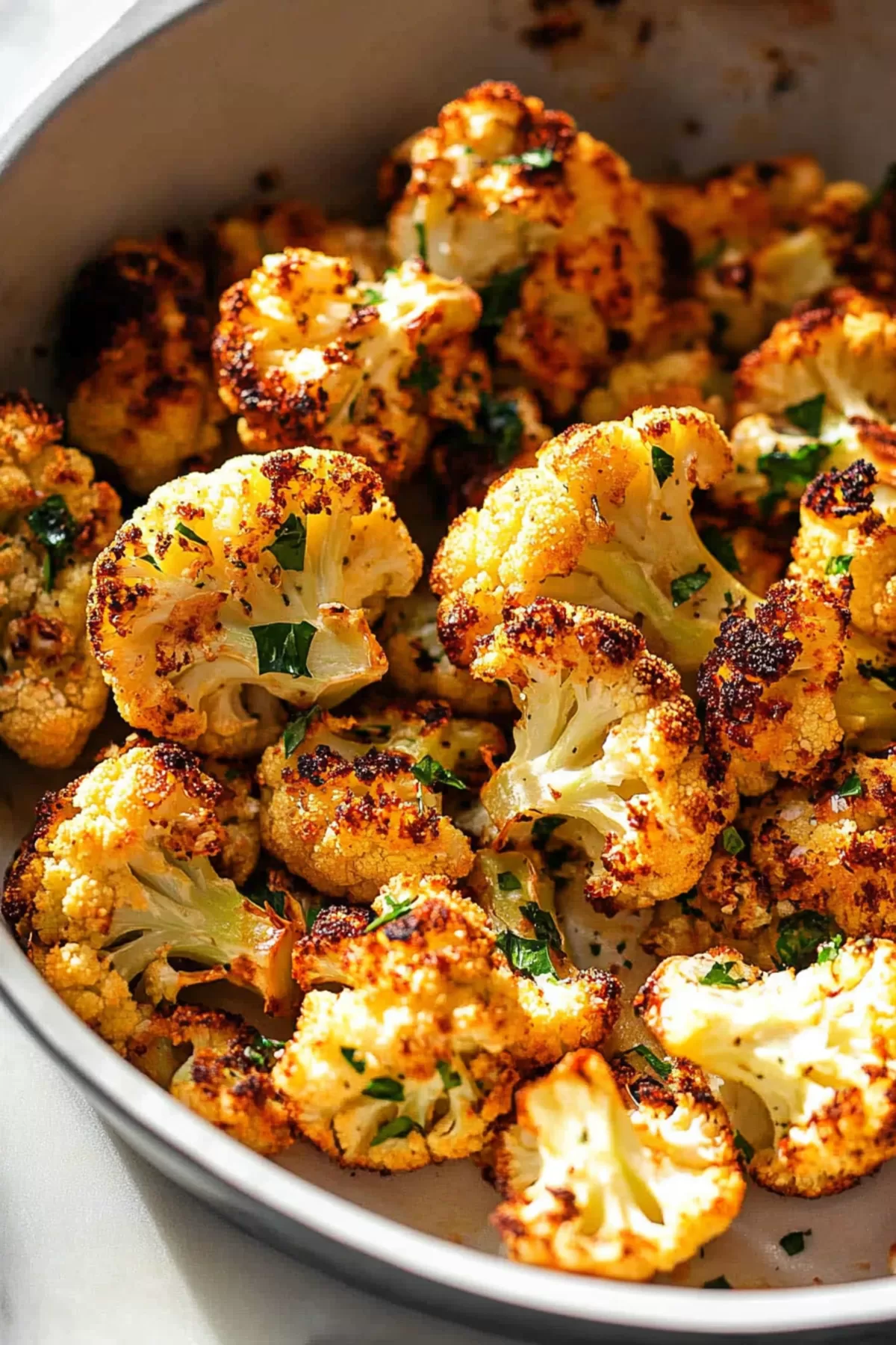 Crispy roasted cauliflower served in a ceramic bowl, lightly sprinkled with chopped herbs.