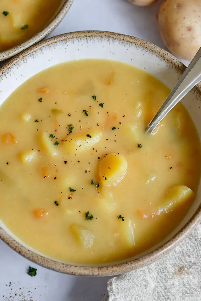 Close-up of creamy potato soup with visible chunks of potatoes and carrots, topped with a sprinkle of herbs.