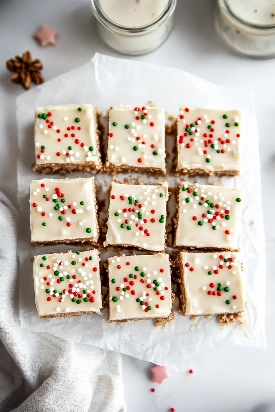 Festive gingerbread cookie bars topped with creamy white icing and colorful holiday sprinkles.