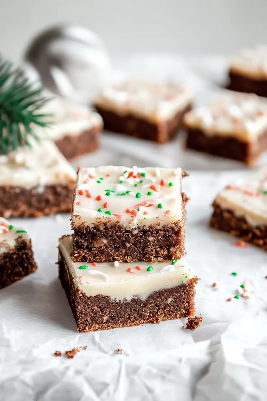 Gingerbread cookie bars displayed on parchment paper, perfect for holiday gatherings.