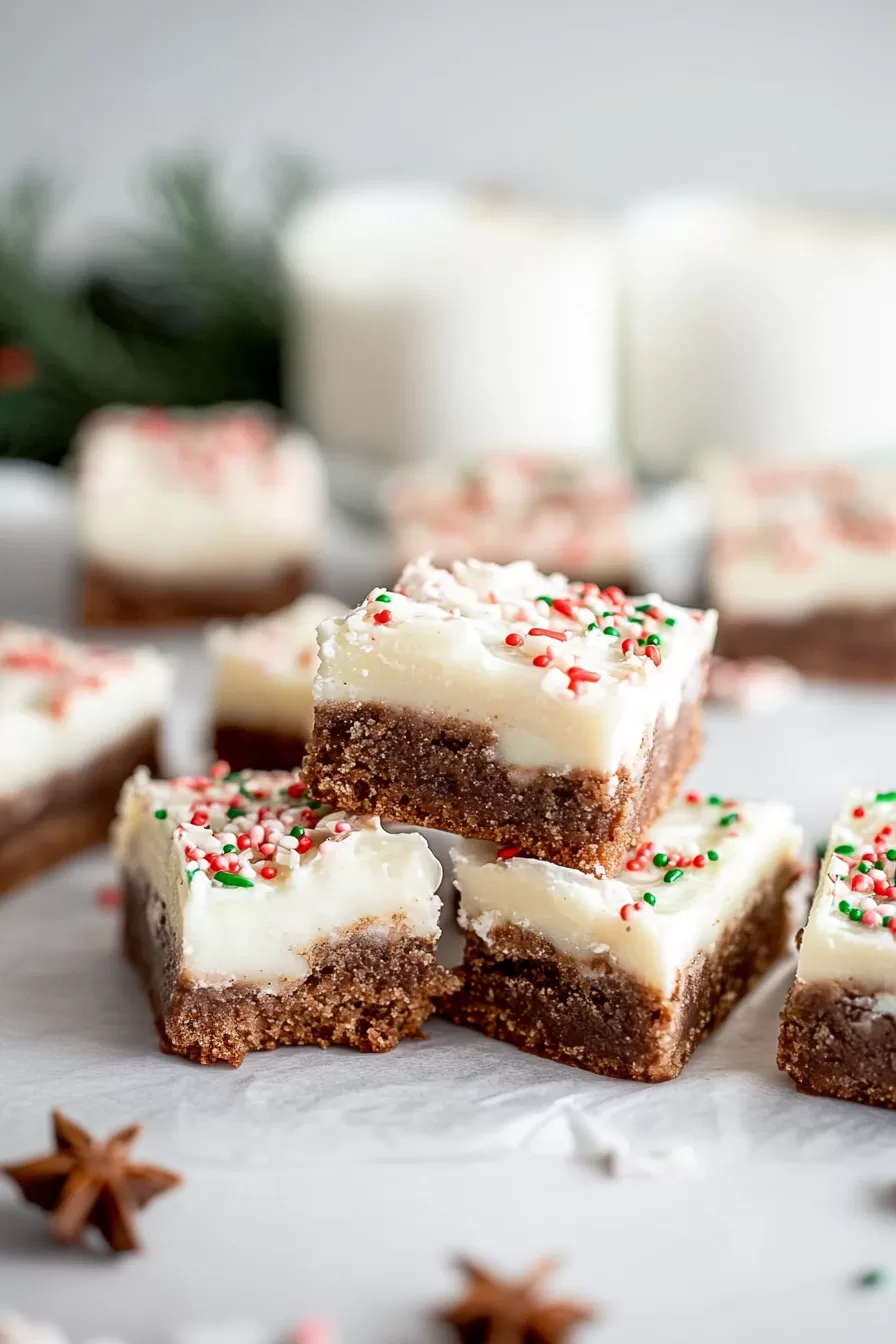 Stack of holiday gingerbread cookie bars with a soft, spiced base and creamy frosting.