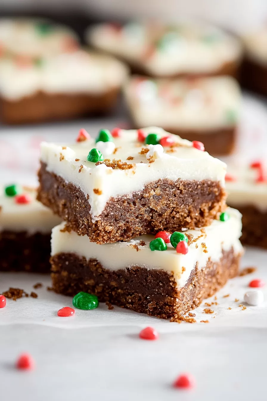 Close-up of layered gingerbread cookie bars with a rich icing layer, sprinkled with red and green decorations.