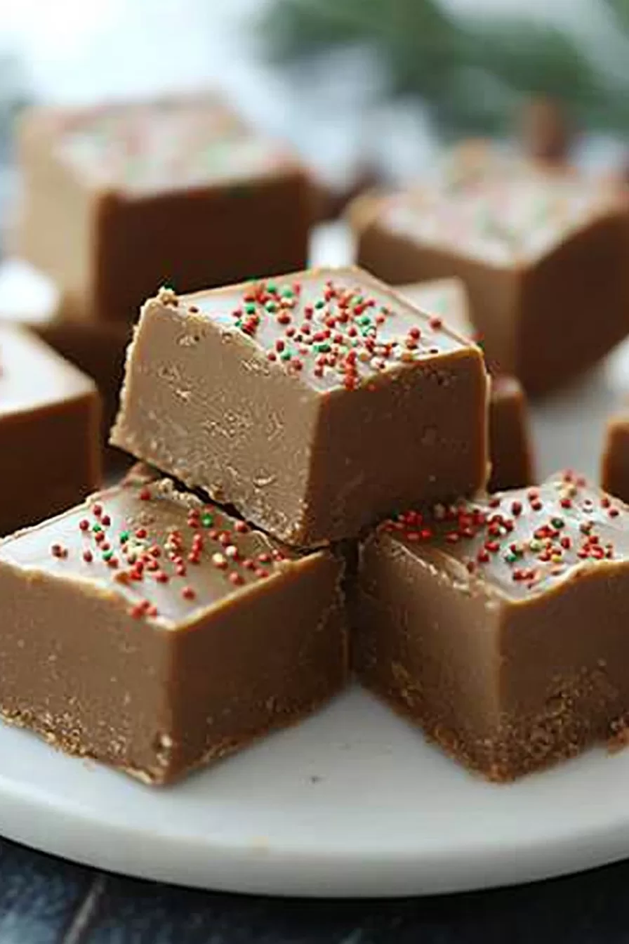 Rich and creamy gingerbread fudge pieces garnished with festive red, green, and white sprinkles, arranged neatly on a white plate.