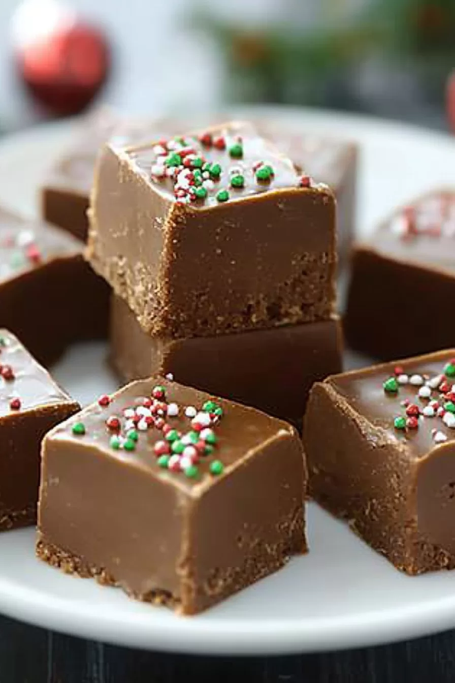 Close-up of a stack of gingerbread fudge squares showcasing a smooth texture and holiday sprinkles on top.