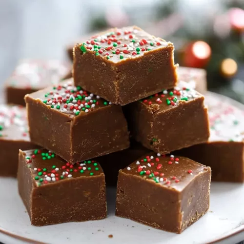 Plateful of soft, thick gingerbread fudge squares, each topped with colorful sprinkles, ready for serving.