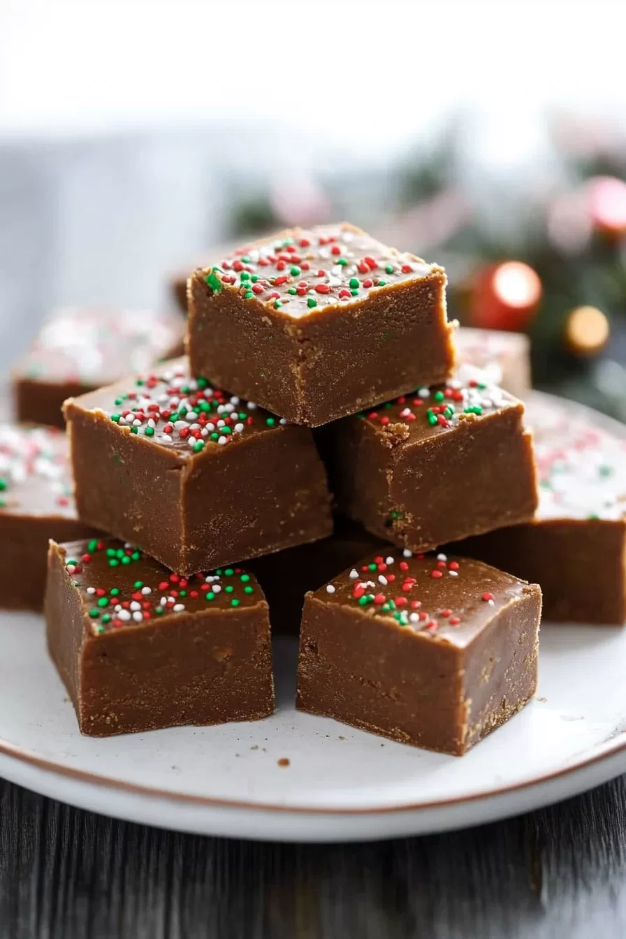 Plateful of soft, thick gingerbread fudge squares, each topped with colorful sprinkles, ready for serving.