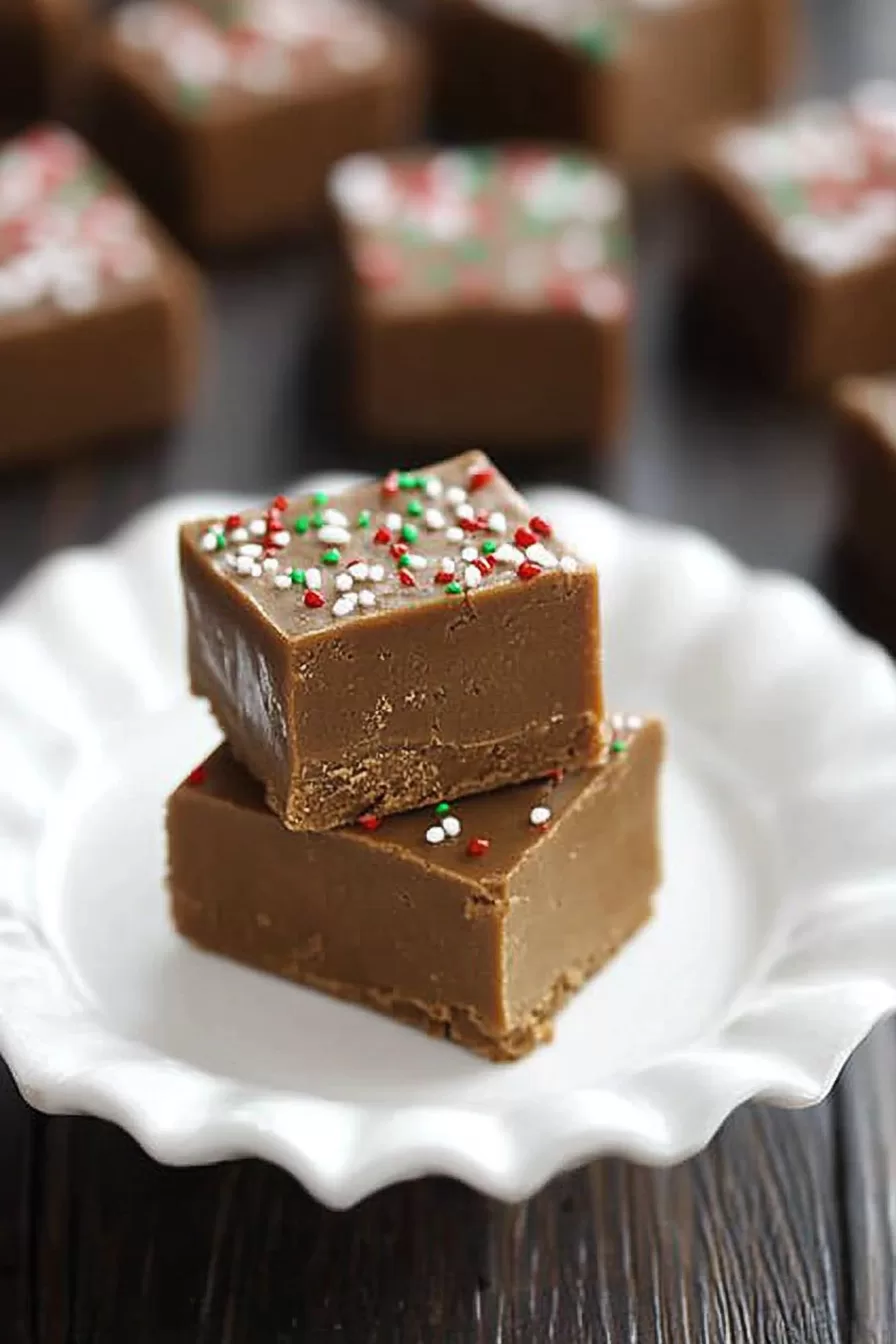 Festive holiday gingerbread fudge cut into bite-sized cubes, arranged artfully on a rustic white platter.