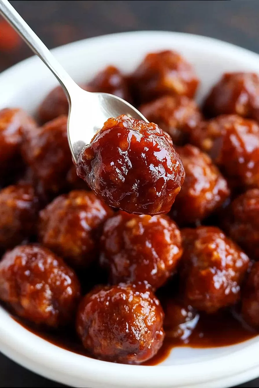 A saucy meatball lifted on a spoon, surrounded by a vibrant chili sauce.