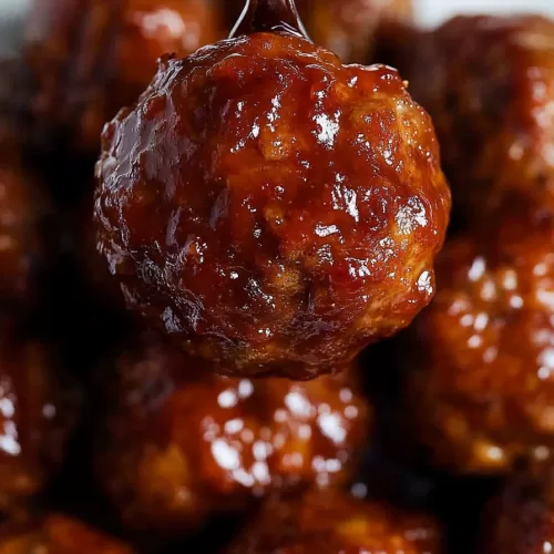 Close-up of a tender meatball glazed with a shiny, sweet, and tangy sauce on a fork.