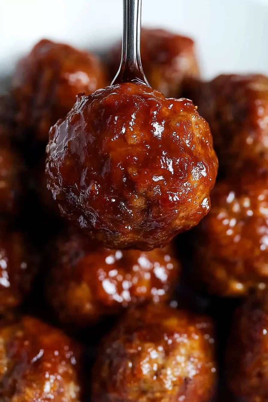 Close-up of a tender meatball glazed with a shiny, sweet, and tangy sauce on a fork.