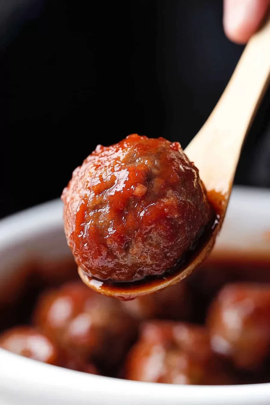 A single meatball covered in rich chili sauce, resting in a sea of glistening sauce.