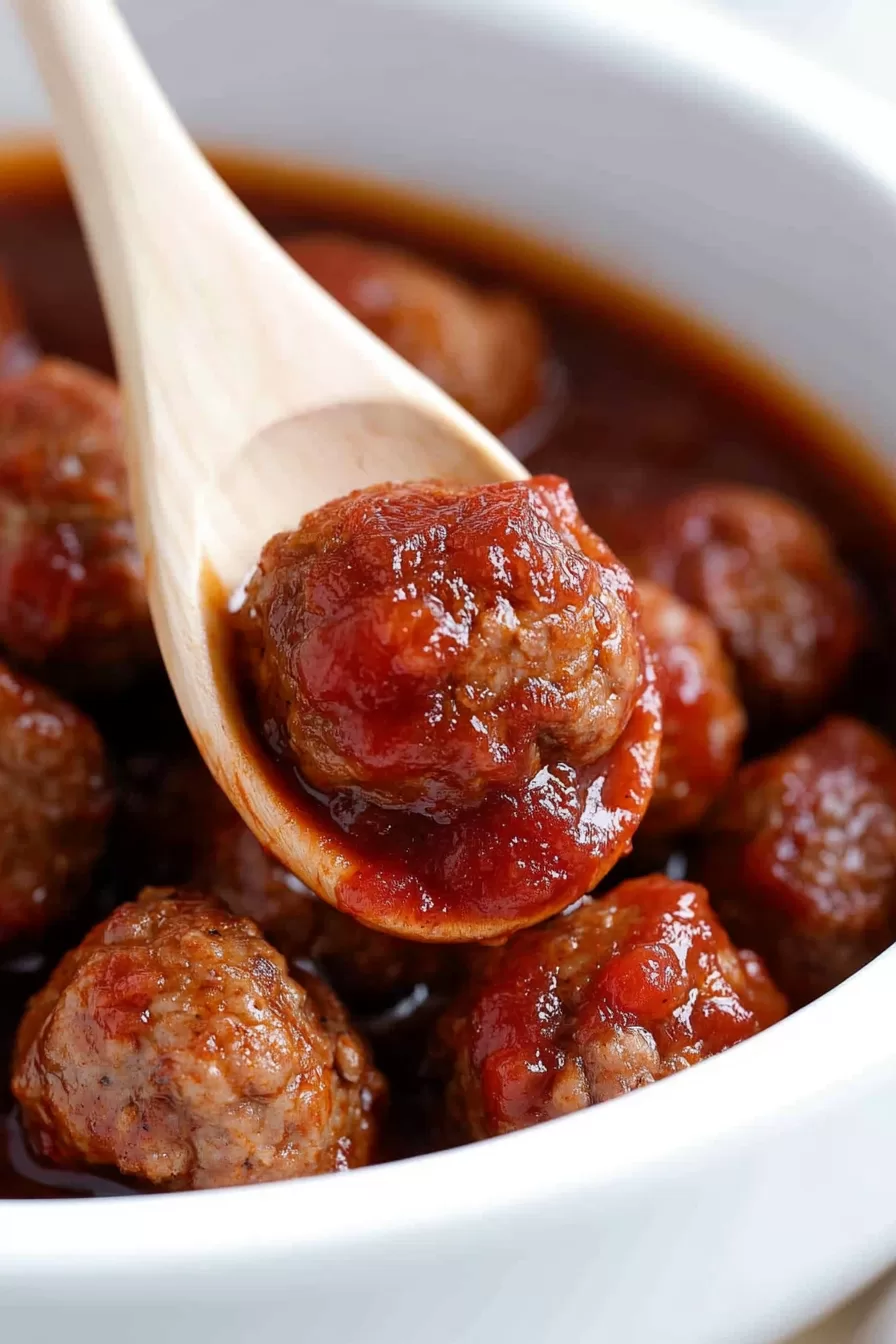 A wooden spoon holding a saucy meatball over a bowl of glossy, cooked meatballs.