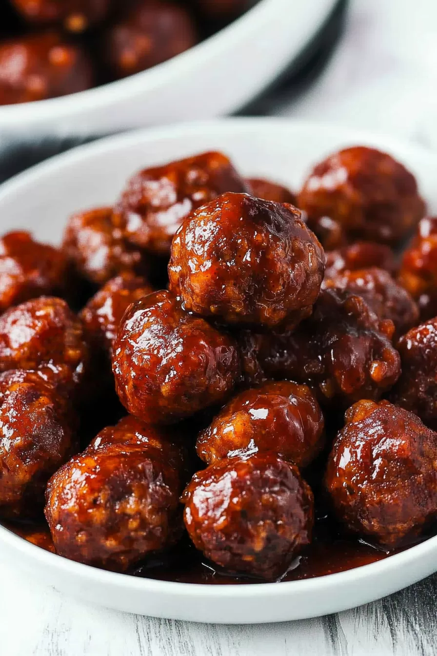 A plate piled high with grape jelly and chili-glazed meatballs, ready to serve.