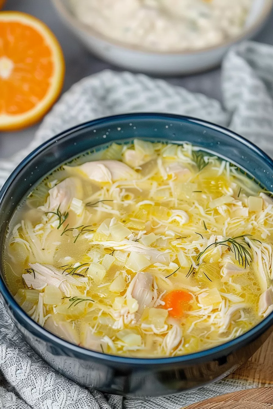 A close-up of a comforting bowl of soup featuring shredded chicken, rice, and carrots, garnished with fresh dill and lemon zest.