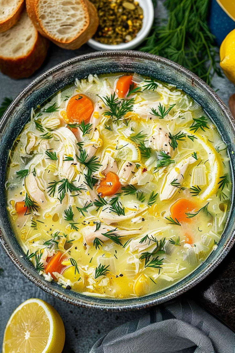 A top-down view of a warm and inviting soup with a medley of shredded chicken, vegetables, and rice in a light lemon-infused broth.