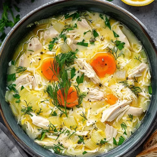 A rich and creamy lemon chicken soup served with a garnish of dill and fresh lemon slices, perfect for a cozy meal.