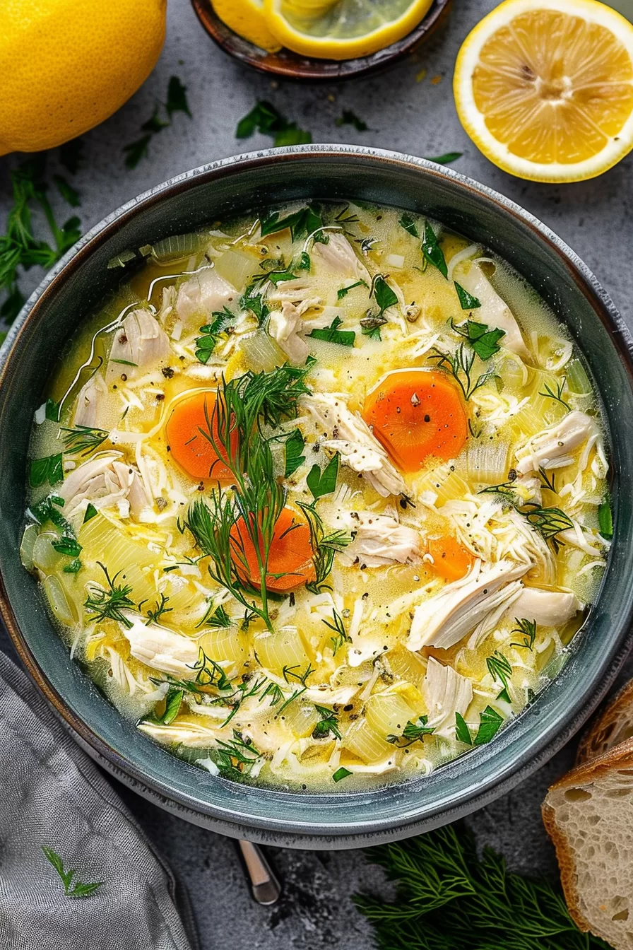 A rich and creamy lemon chicken soup served with a garnish of dill and fresh lemon slices, perfect for a cozy meal.