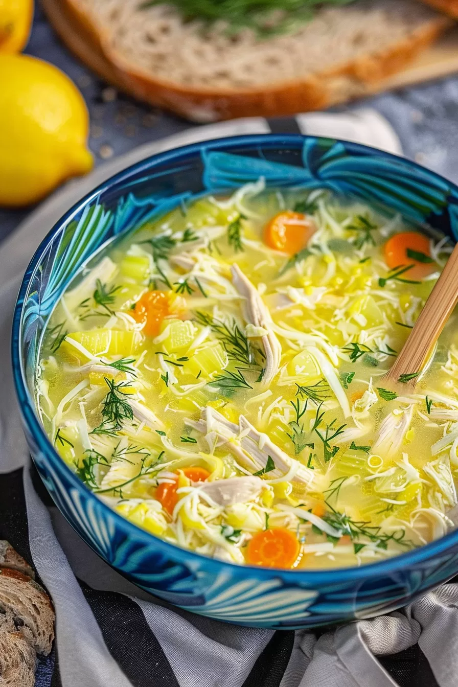 A beautifully plated Greek lemon chicken soup in a rustic ceramic bowl, surrounded by fresh lemons and bread slices.