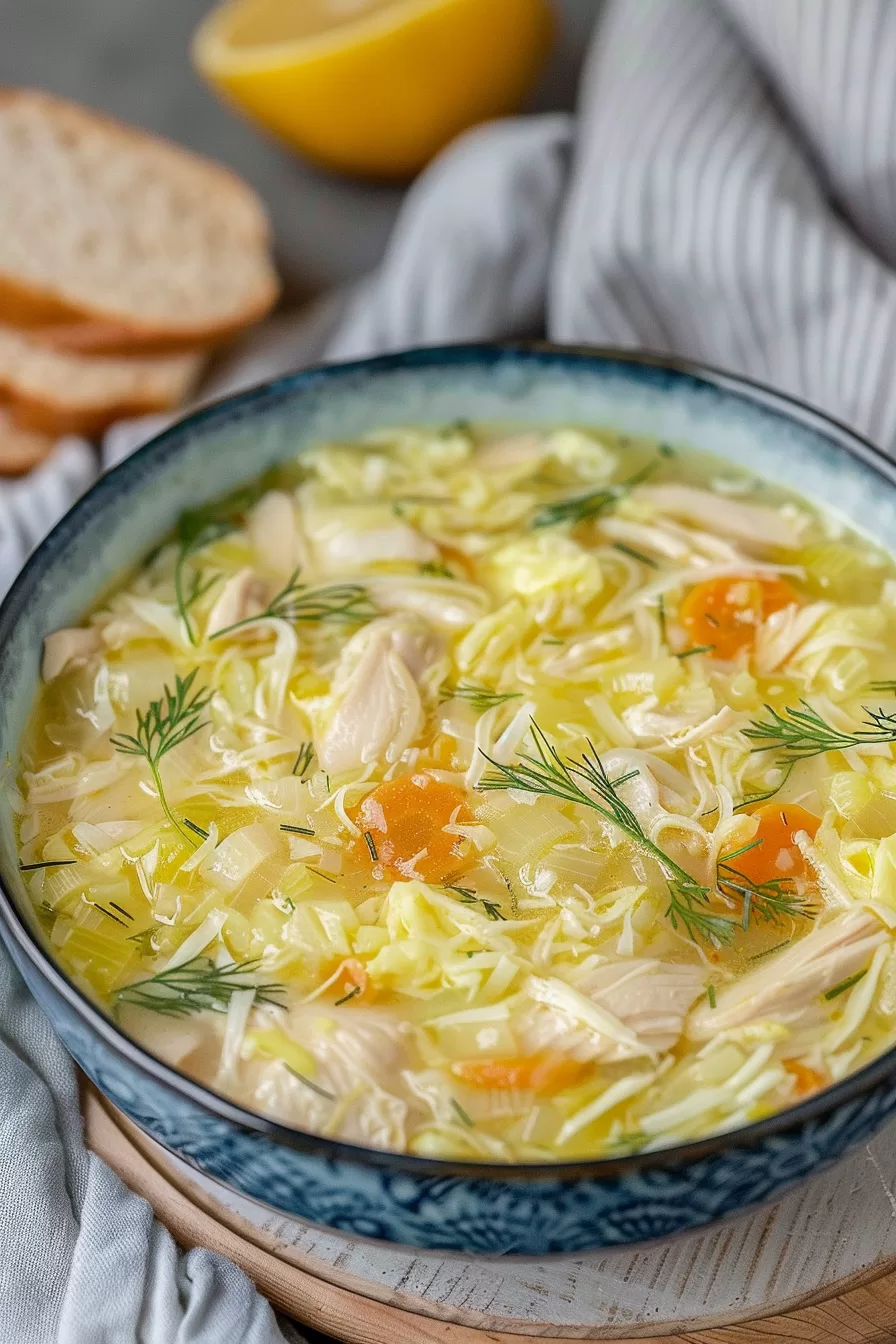 A vibrant bowl of Avgolemono soup showcasing creamy broth, chicken chunks, and a sprinkle of fresh dill on top.