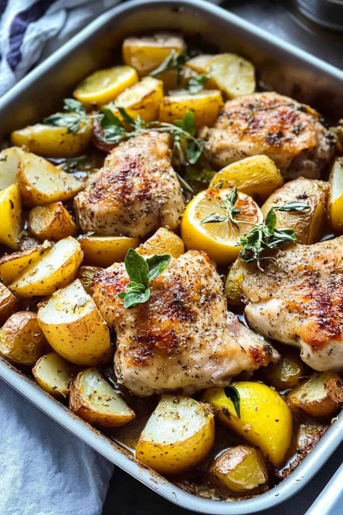 A tray of juicy Greek-style chicken and perfectly seasoned potatoes, fresh out of the oven.