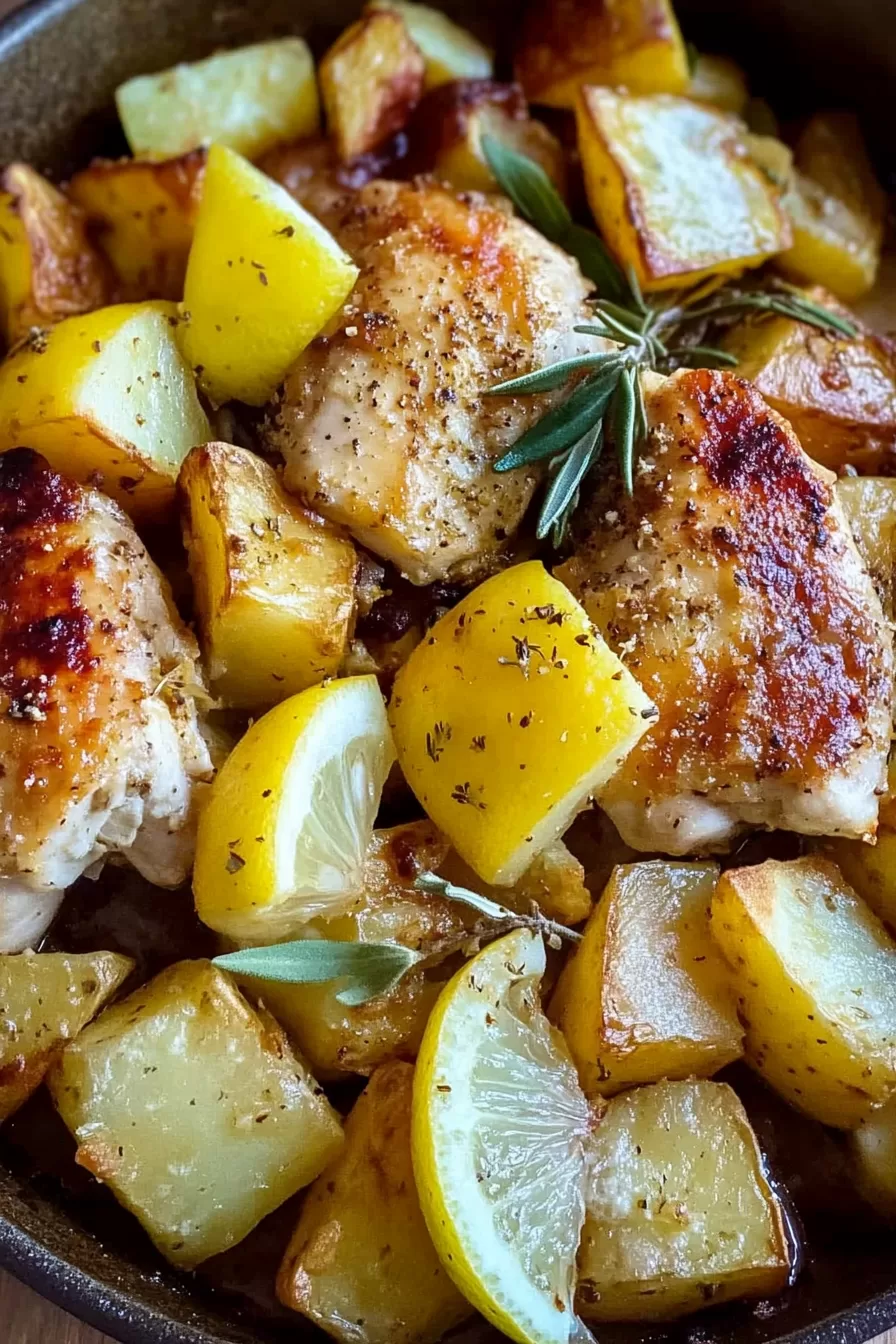 Oven-roasted chicken thighs paired with golden potatoes and fresh lemon slices, garnished with oregano.