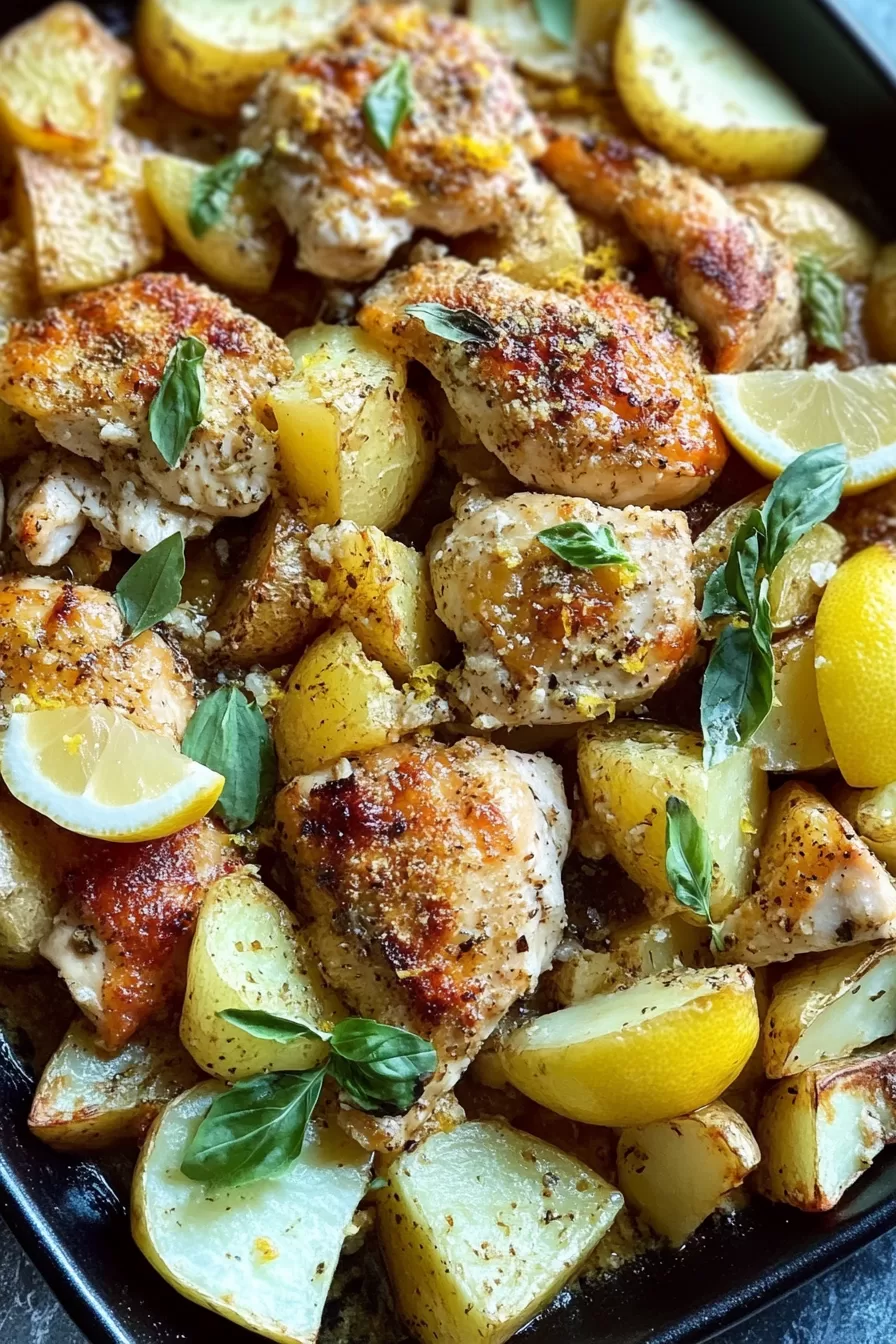 Close-up of roasted chicken and potatoes, topped with fresh herbs and lemon wedges for a Mediterranean touch.