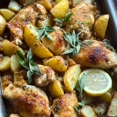 Crispy chicken and tender potatoes infused with a zesty lemon herb sauce, served in a baking dish.