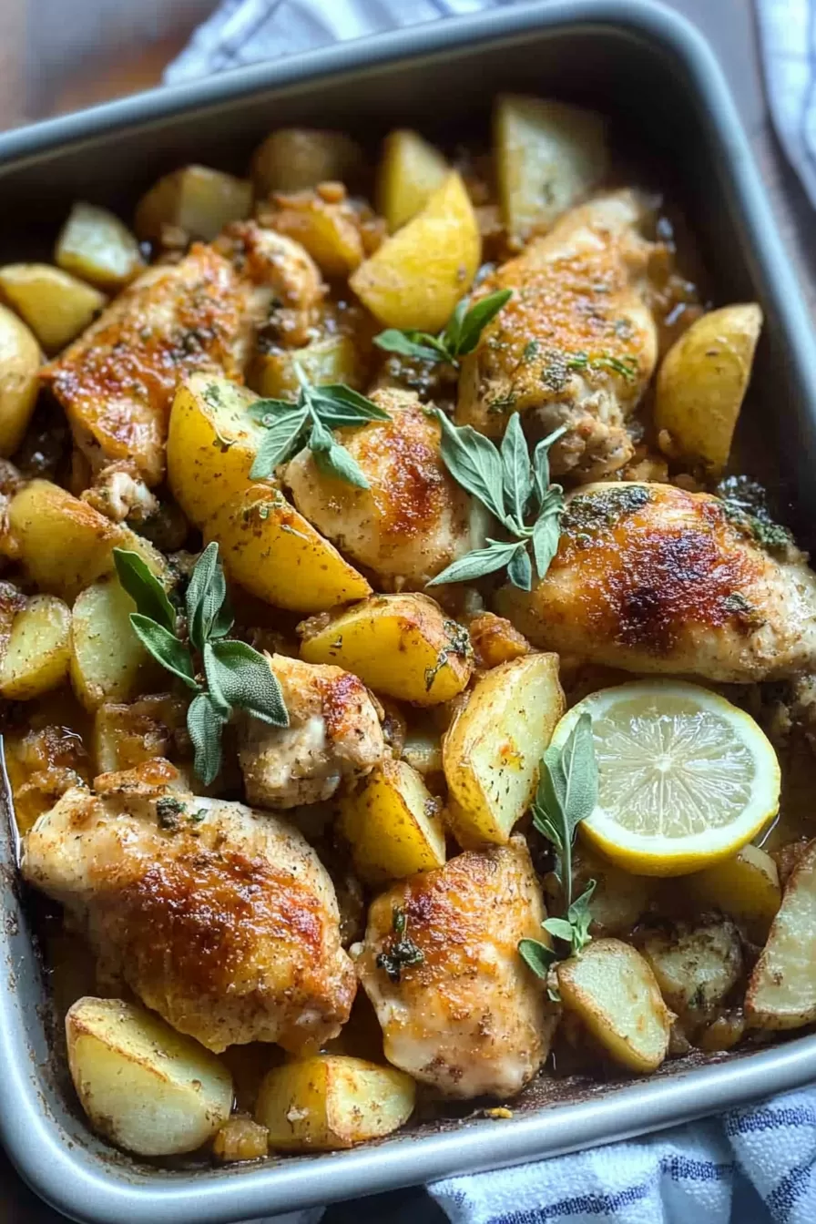 Crispy chicken and tender potatoes infused with a zesty lemon herb sauce, served in a baking dish.