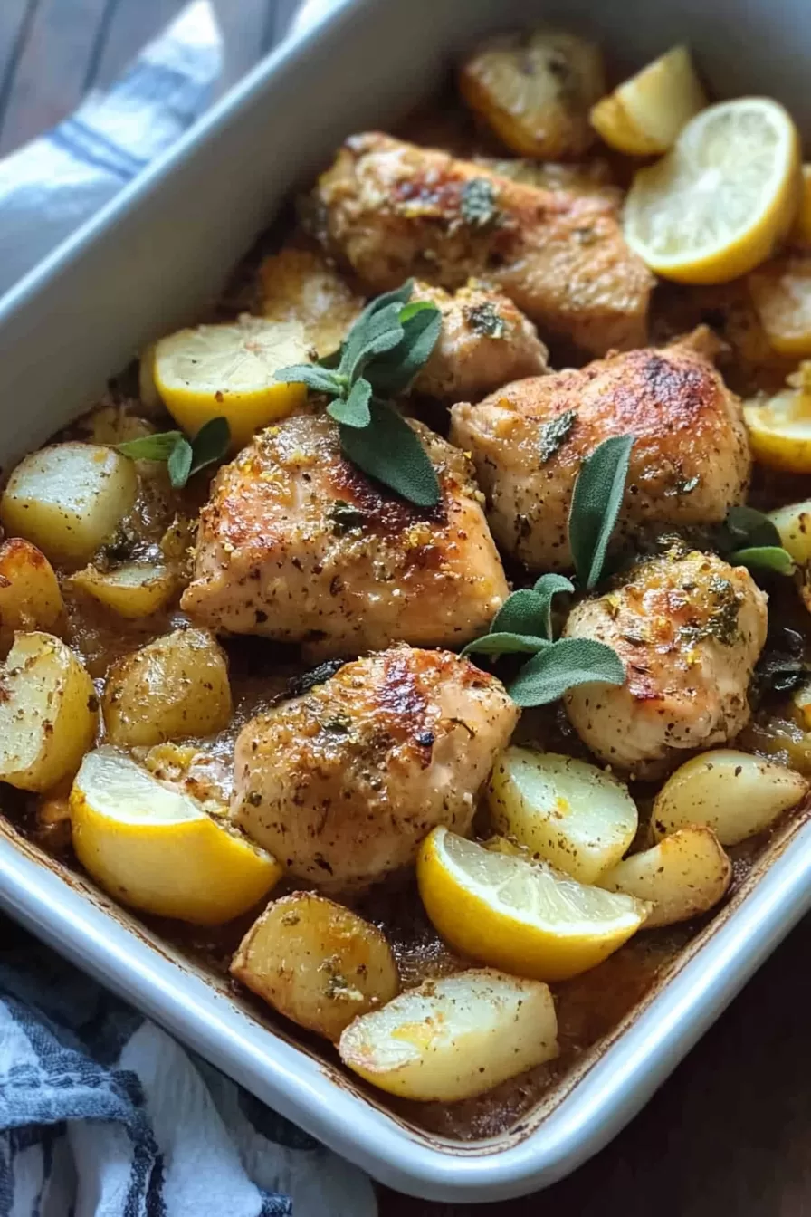 Greek lemon chicken with perfectly cooked potatoes, drizzled in a savory lemon-garlic marinade.