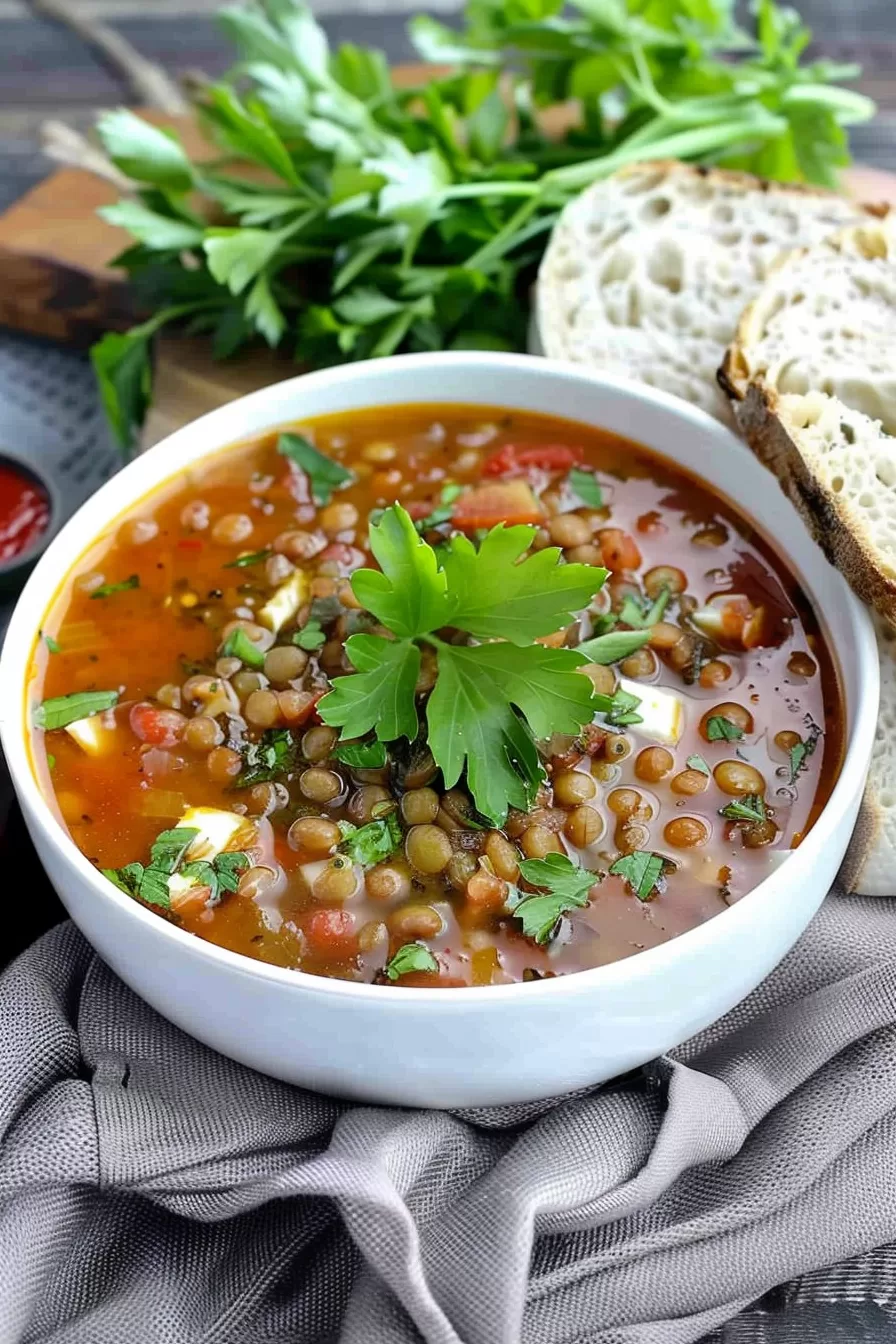 A warm bowl of lentil soup garnished with fresh parsley, served with a slice of crusty bread on the side.