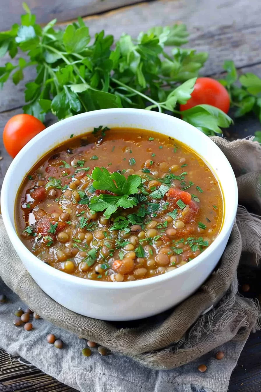 A close-up of Greek lentil soup highlighting the rich broth and vibrant vegetables, topped with herbs.