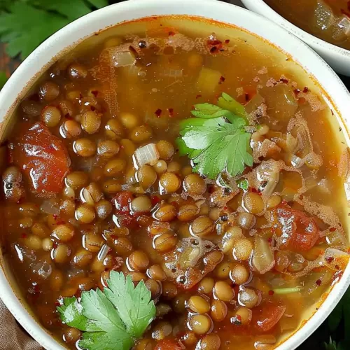 A rustic presentation of lentil soup in a white bowl with a sprig of parsley, placed on a wooden table with fresh parsley in the background.